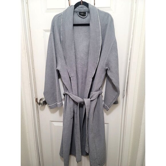 Lotus Linen Plus Size Gray Waffle Knit Bathrobe With Shawl Collar & Pockets Size - Picture 4 of 12
